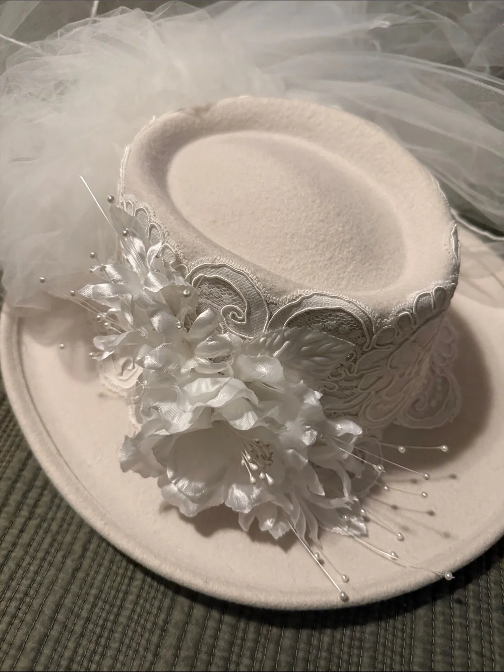 White Bridal Veil Fascinator Hat with Floral Detail